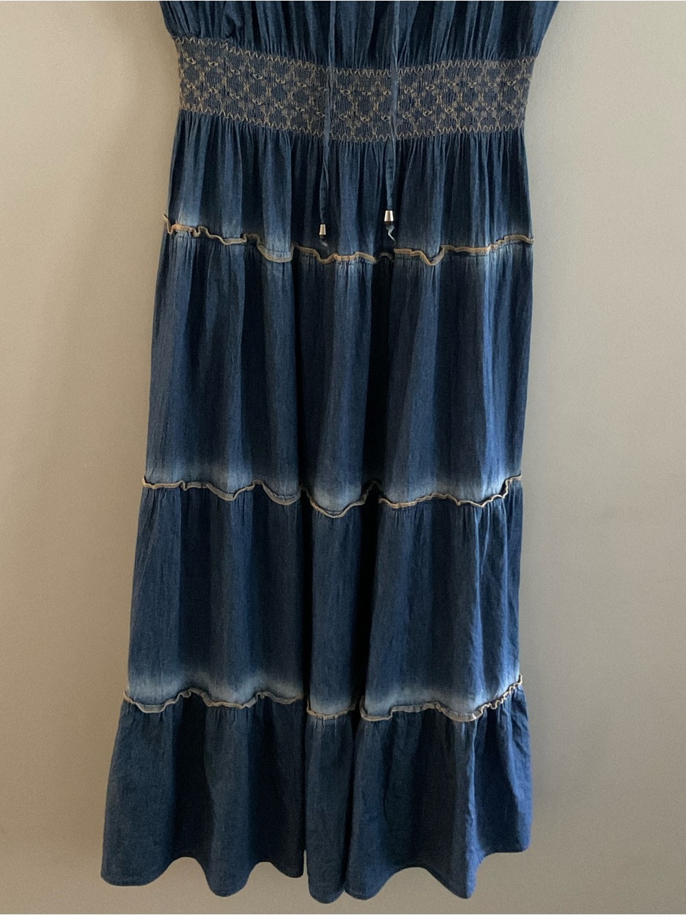 Indigo & Lace Blue denim Embroidered tiered boho long dress size M - Picture 9 of 10